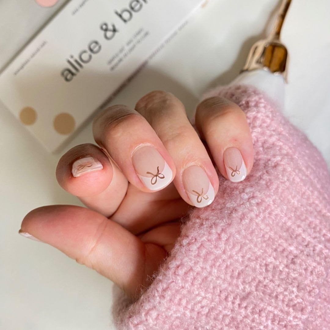 ALICE & BELLA Semi Cured Gel Nail Strips-20 PCS Light Pink French Tips with Rose Gold Bow Salon Quality Nail Gel Stickers, Use with UV Light Lamp, (French Rose Gold Bow)