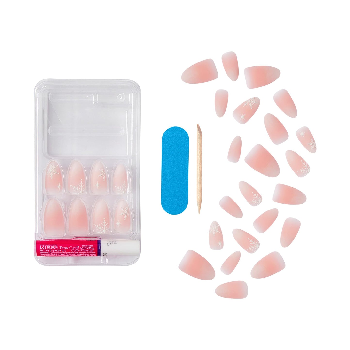 KISS Voguish Fantasy Holiday Press On Nails Almond, ‘Sleigh All’, Nude, Medium Length, No Damage To Natural Nails, Pink Gel Nail Glue (2g), Mini Nail File, Manicure Stick, & 28 Fake Nails