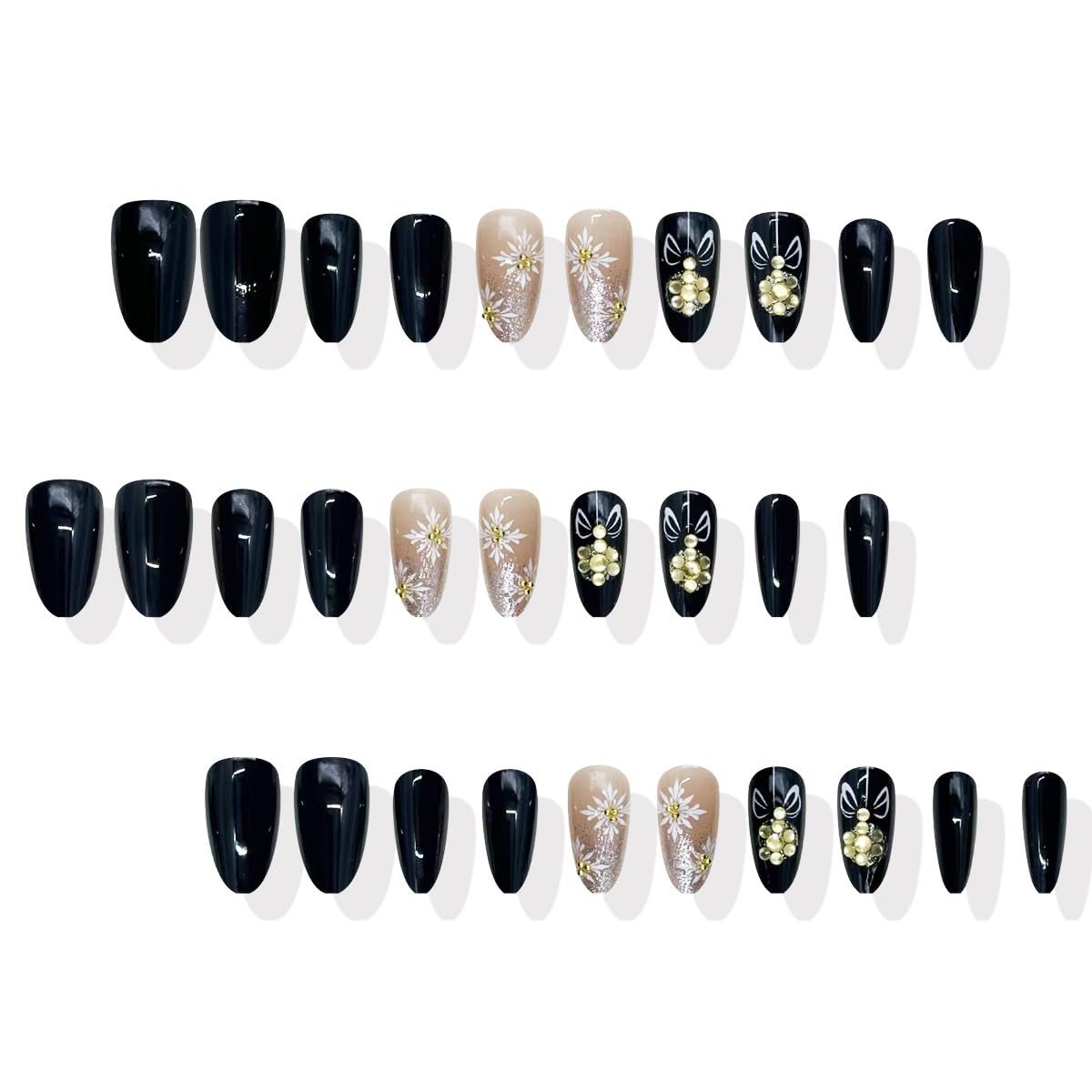 30Pcs Christmas Press on Nails Medium Almond Fake Nail with Gold Rhinestone Designs Snowflake Black False Nails for Women Winter Full Cover Holiday Glue on Nails Xmas Nail Press ons