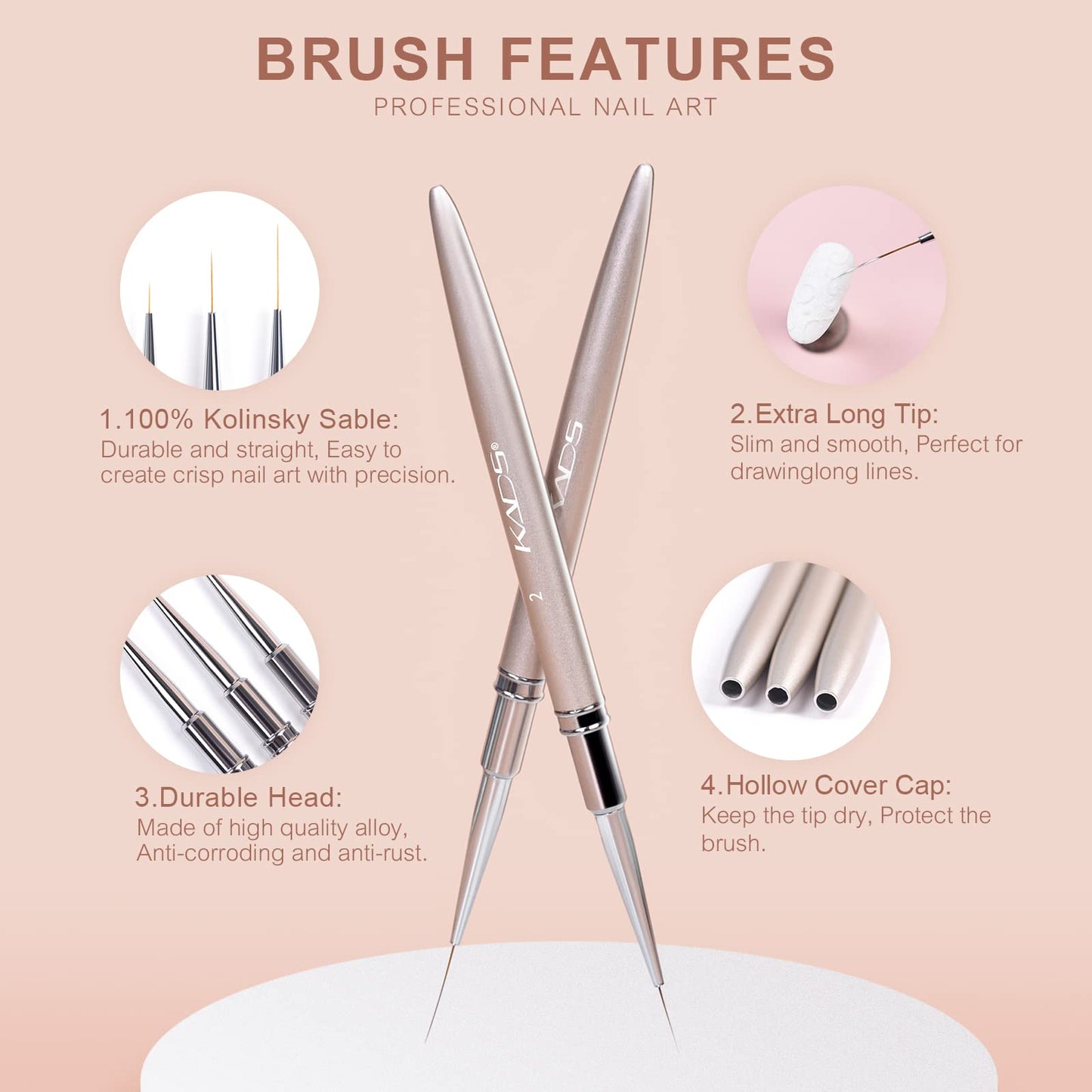 KADS Nail Art Liner Brushes Kolinsky Nail Art Brush Liner Brush UV Gel Polish Painting Nail Design Brush Metal Handle Nail Drawing Pens 8/15/20mm (8mm+15mm+20mm)