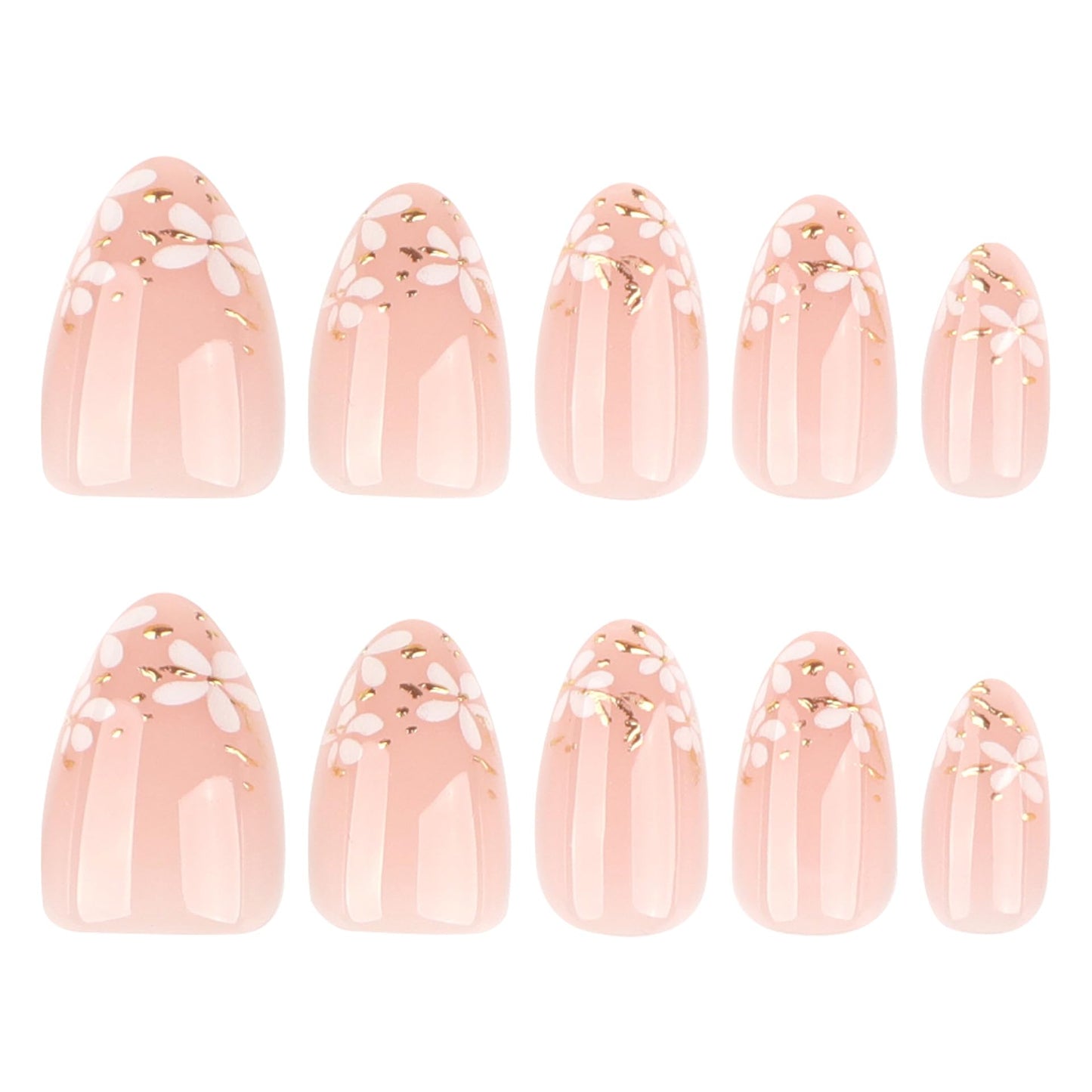 evpct 3D Nude Pink Press on Nails Short Almond No Glue with Gold White Flower Design, Short Almond Stick on Nails for Women Gift with Kit, Reusable Soft Acrylic Press on Fake Nail with Floral Design