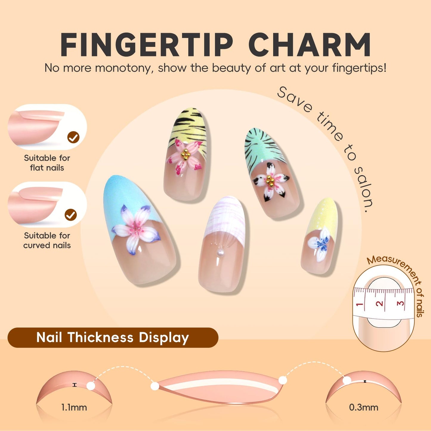 HOSAILY 3D Coloful Flower Press on Nails Medium Almond, Tropical Floral Summer Beach Vacatin Holiday Press ons for Women, 24pcs Glossy Pretty Reusable Soft Gel Full Cover Stick on Fake Acrylic Nails