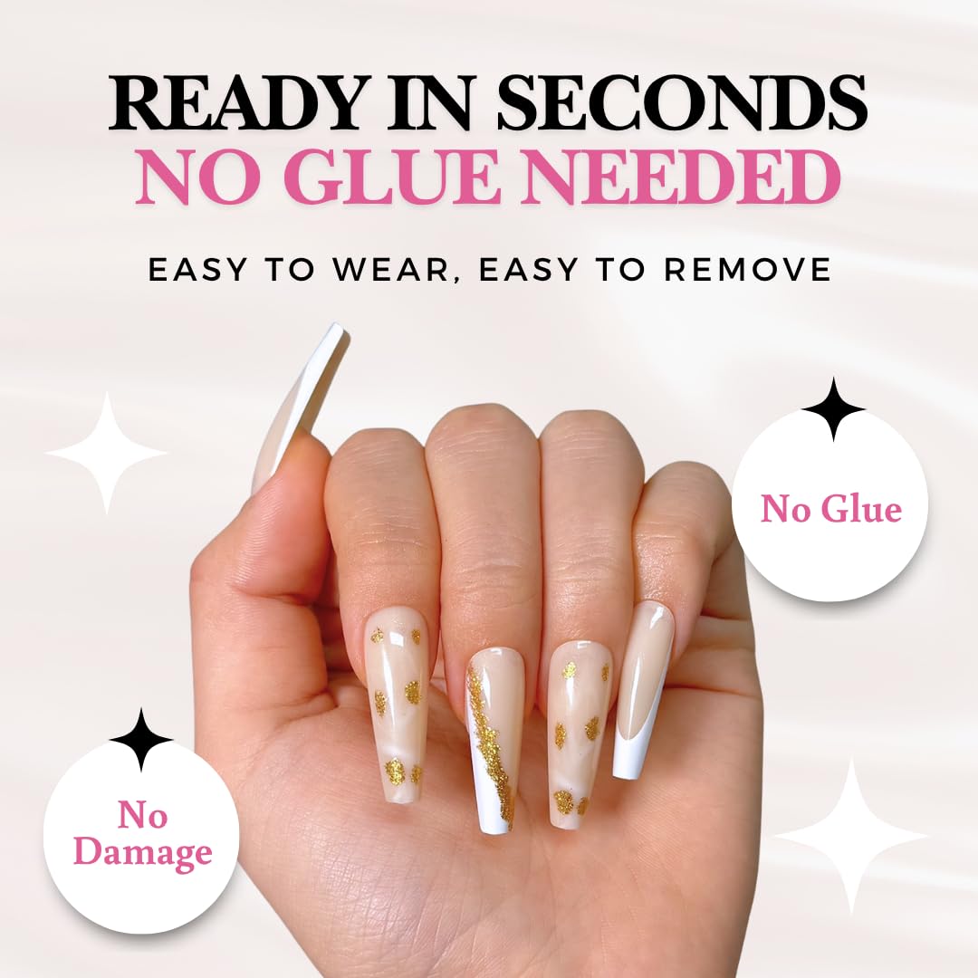 PerfectLook Press On Nails - Golden Ornament | No Glue Long Coffin French Gold Foil Nails with Glitter for Holiday - 24 Pcs Nail Kit with Adhesive Tabs