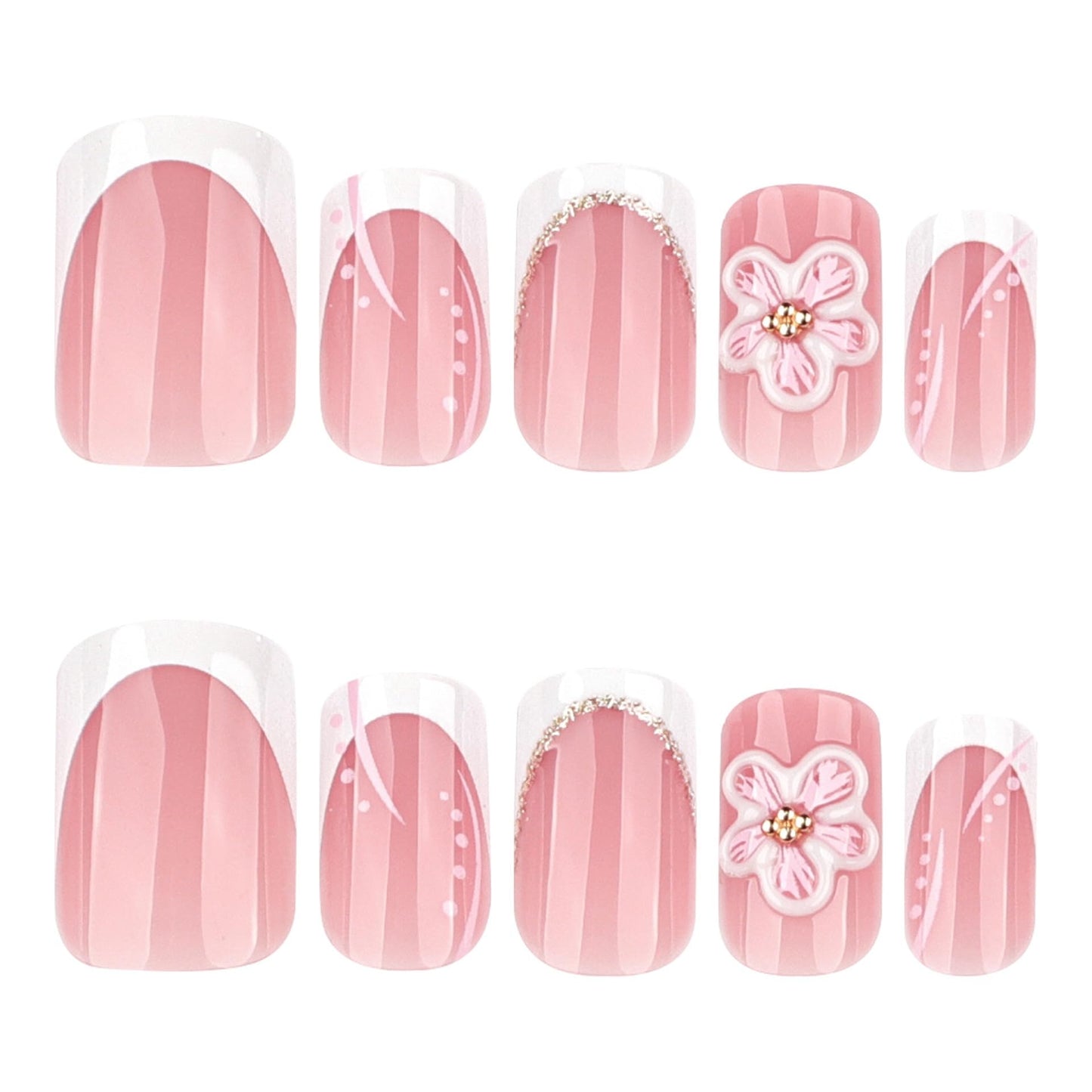 CTTHNBD Square Press on Nails Short - White French Tip Fake Nails with Flower Design - Cute, Summer False Nails for Women 24 Pcs