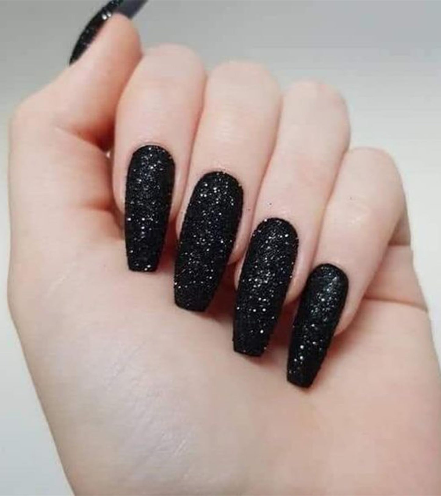 Aegenacess Black Press On Nails Coffin - Long With Glue Stickers, Glitter Stick On for Women, Light Weight in 12 Sizes, 24pcs Fake Nail Kit