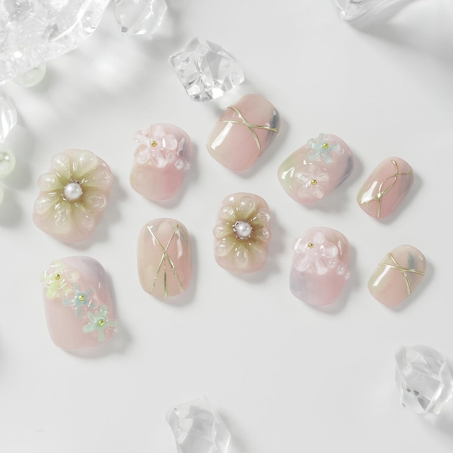 Tesytto 3D Floral Press on Nails Short Round - Handmade Pink Gradient with Pearls, Luxury Soft Gel Reusable Fake Nails (Soft Petal Pearl Glow, L)