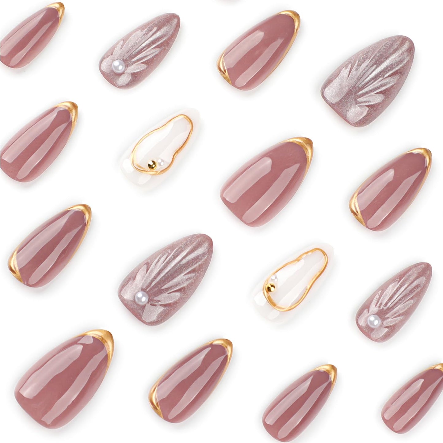 3D Press On Nails Almond Shape, Nude Pink with Gold Edge & Pearl Design, Glossy Luxury Fake Nails Set, 24PCS Reusable Artificial Nails for Women