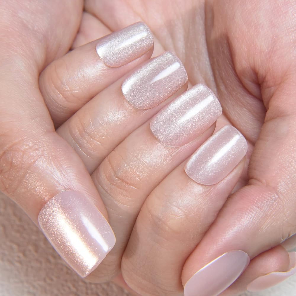 evpct Nude Cat Eye Short Press on Nails Square, Stick on Nails Short Square for Women Gift, Pearl White Metallic Glitter Glossy Reusable Spring Summer Soft Gel Press on Acrylic Fake Nail with Designs