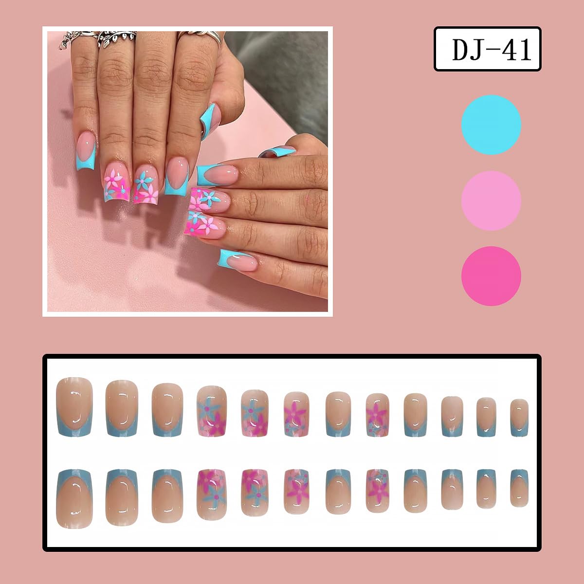 24pcs Blue French Tip Press on Nails Medium Square Fake Nails Pink Flower Design Nail Art Supplies Acrylic Artificial Nails Glossy Glue on Nails Full Cover Nail Supplies for Women Manicure Decoration