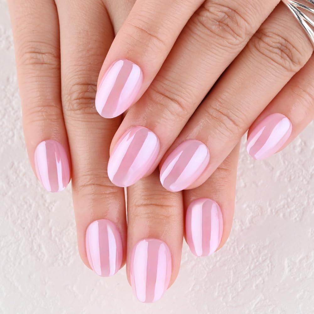 evpct Nude Pink Glazed Press on Nails Short Oval, Short Oval Chrome Metallic Aurora Stick on Nail for Women, Reusable Full Cover Soft Press on Fake Nail Perfectly Fit with Glazed Design Salon Quality