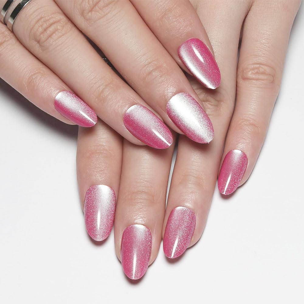evpct Rose Red Cat Eye Real Short Press on Nails Almond, Petite Short Almond Stick on Nails for Women Gift, Rose Red Holographic Glossy Fake Nail Reusable, Soft Press on Acrylic Nail with Designs