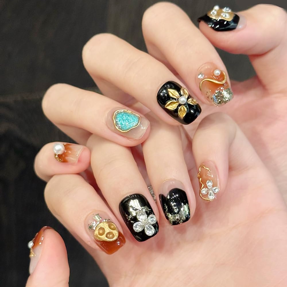 Handmade Press on Nails Square Short Fake Nails with 3D Flower Charm Designs Black Glossy Cute Acrylic Nails for Women 10pcs (Size M）