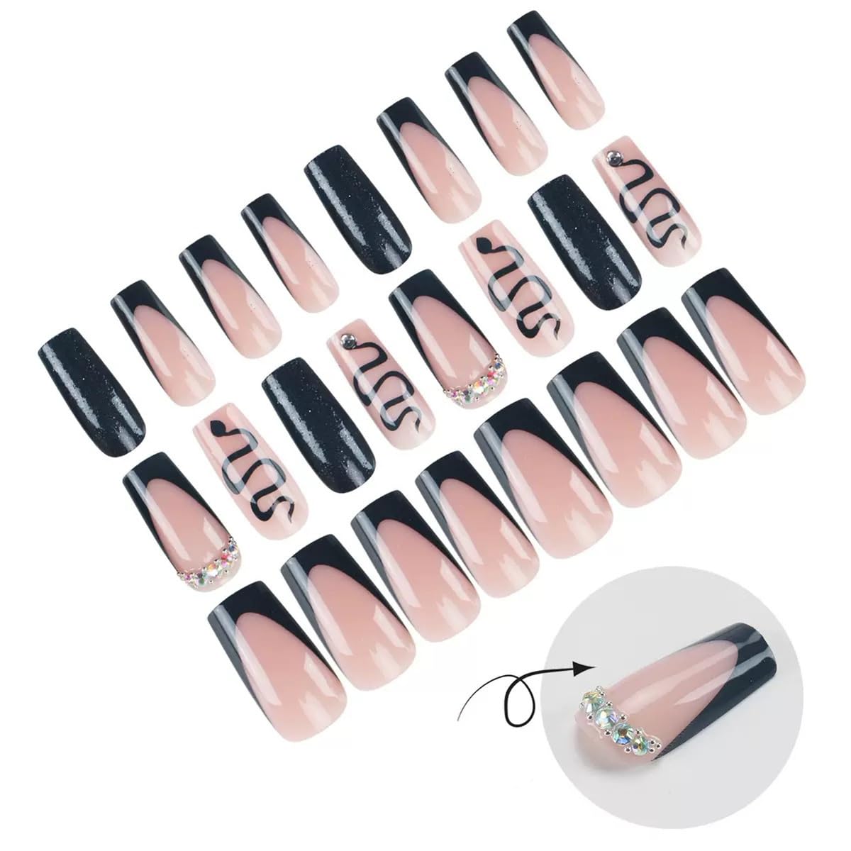 Coffin Press on Nails Medium - Black French Tip with Snake Design - Rhinestone, Glitter, Glossy Full Cover False Nails - for Women 24 Pcs