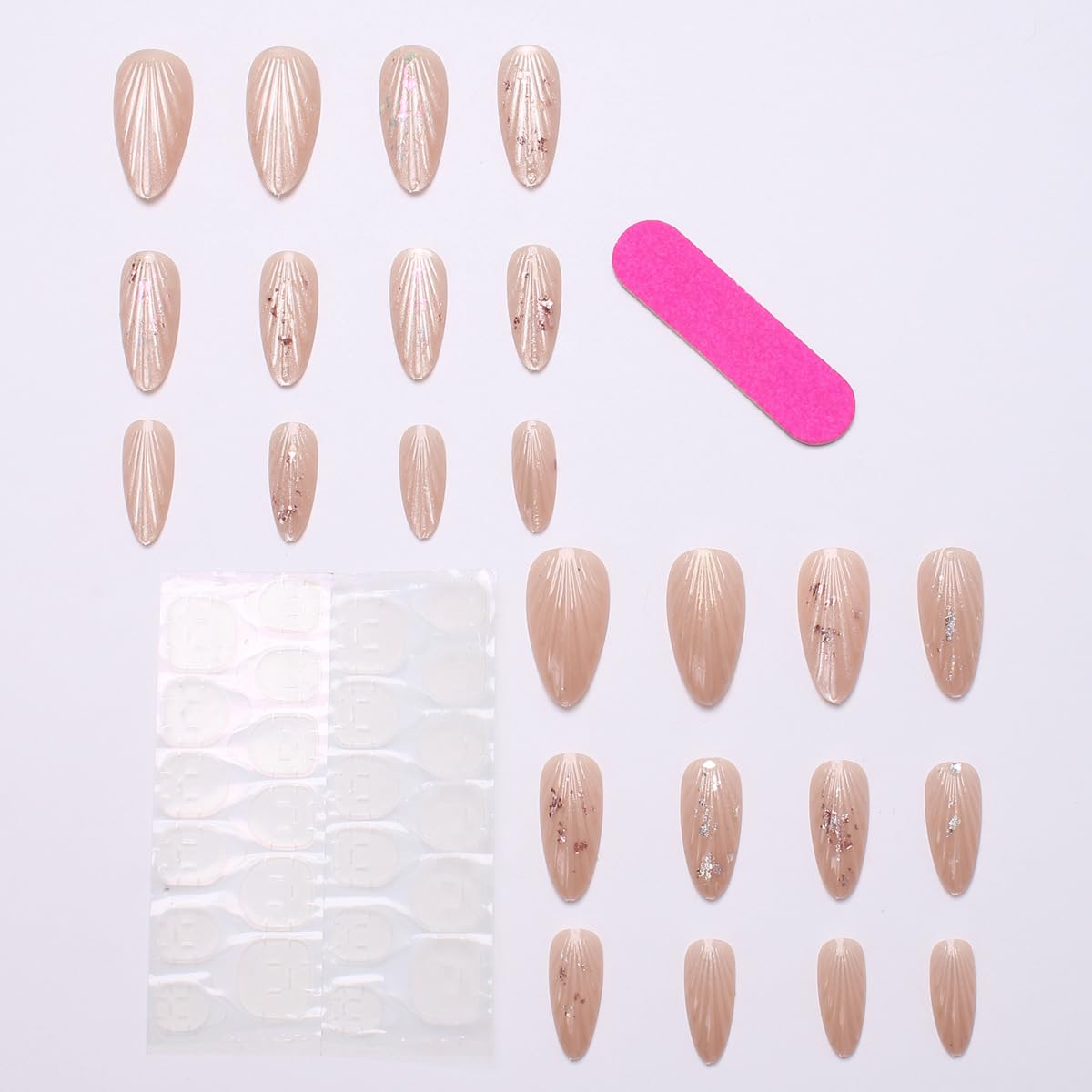 Medium Almond Press on Nails - Glitter Fake Nails with Shell & Rhinestones Designs Cat Eye False Nails Glossy Glue on Nails Reusable Full Cover Stick on Nails for Women Manicure 24Pcs