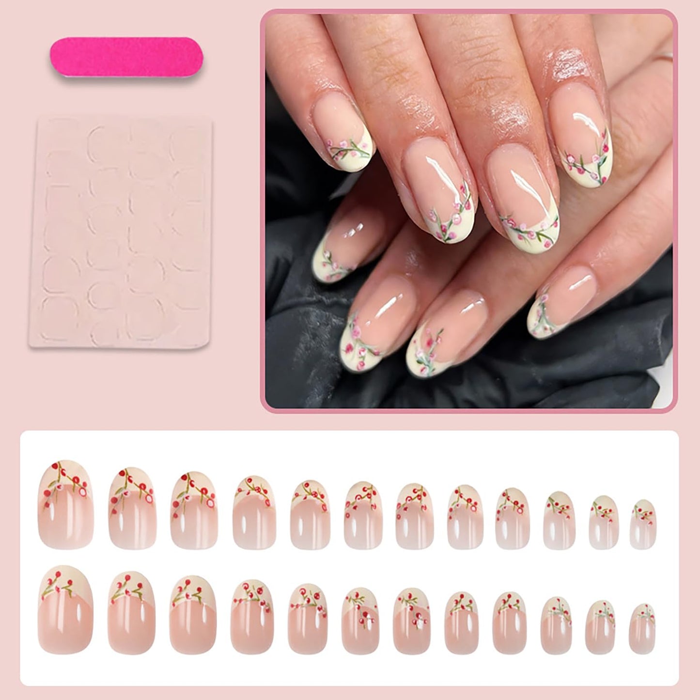 Flower Press on Nails Short Almond Fake Nails with Yellow French Tip Design Spring False Nail Reusable Glossy Full Cover Reusable Stick on Nail For Women Manicure 24 Pcs