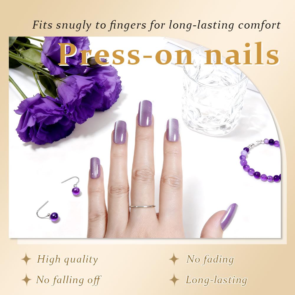 XZMeiLun Cat Eye Lavender Purple Press On Nails Medium Long Length Square, Designer Reusable Acrylic Fake Nail, Glossy Gel Nails Wedding Party, Stick On Glue On Nail, Nails Press Ons for Women