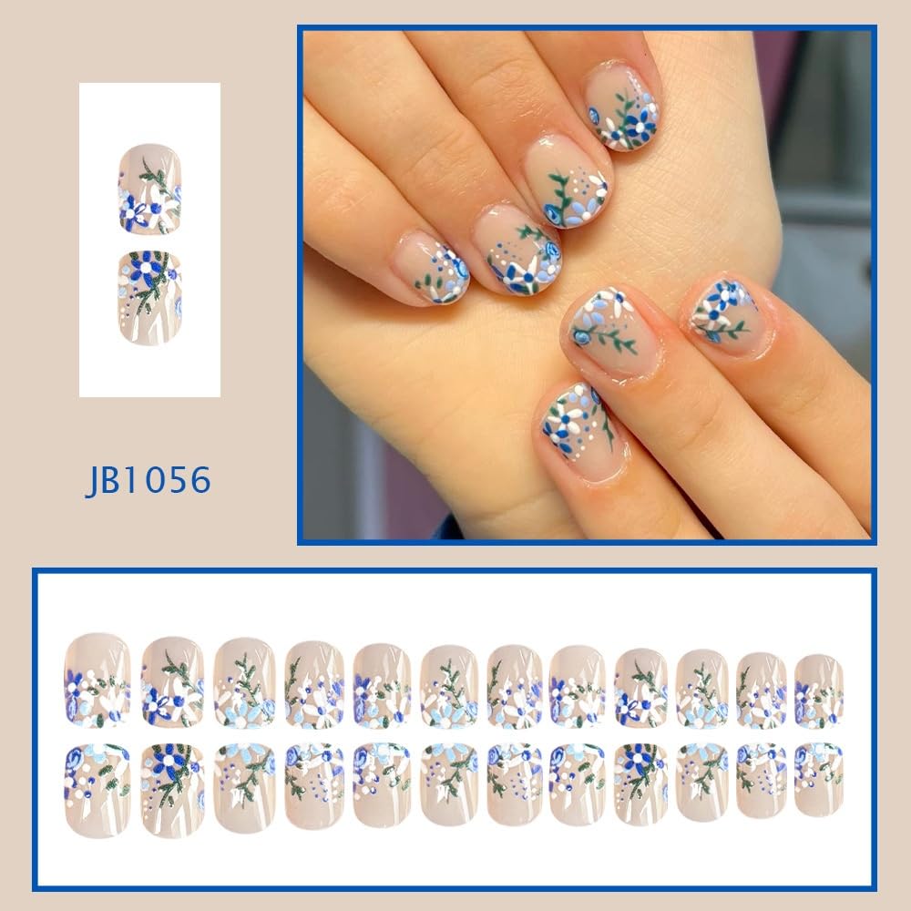 Flower Press on Nails Short Square Fake Nails with Blue Floral Design Glossy Light Blue Glue on Nails Polka Dots Nails Press ons Reusable Full Cover Spring Summer Acrylic Nail for Women Manicure 24Pcs