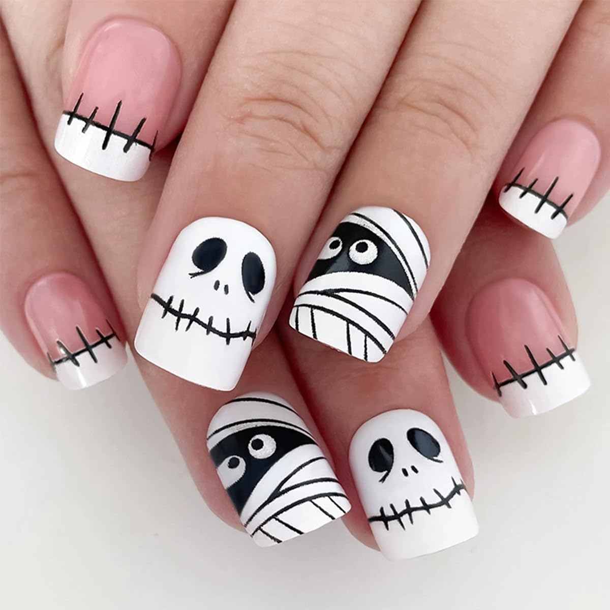 6 Packs (144 Pcs) Halloween Press on Nails Short Square Fake Nails with Designs Pumpkin Ghost Spider Glue on Nails Full Cover Glossy Acrylic Stick on Nail for Women Girls Manicure