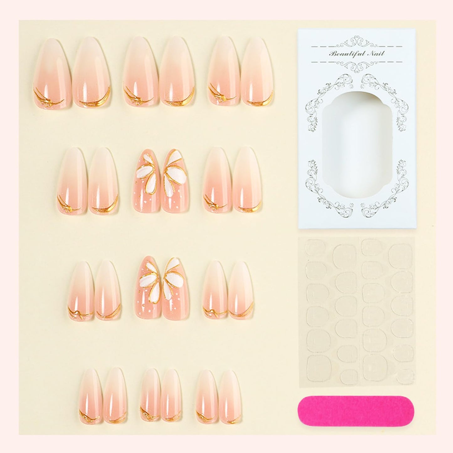 24Pcs White Flower Press on Nails Medium Length Almond Fake Nails Press on Floral Petals Design Gilded Line False Nails Pink Gradient Full Cover Chrome Gold Glossy Artificial Acrylic Nails for Women