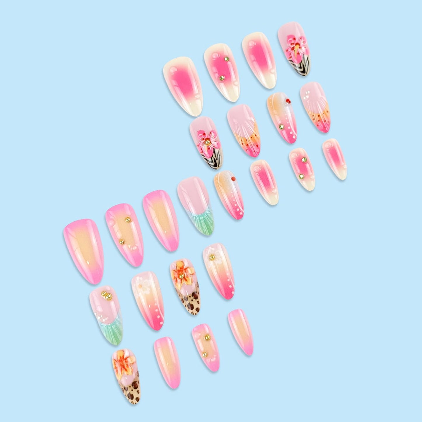 24pcs Handmade Press on Nails Summer Pink Flower Fake Nails French Tip Rhinestones Design Hawaii False Nails beach Short Stick on Nails Full Cover Artificial Glue on Nails for Women Summer Kit