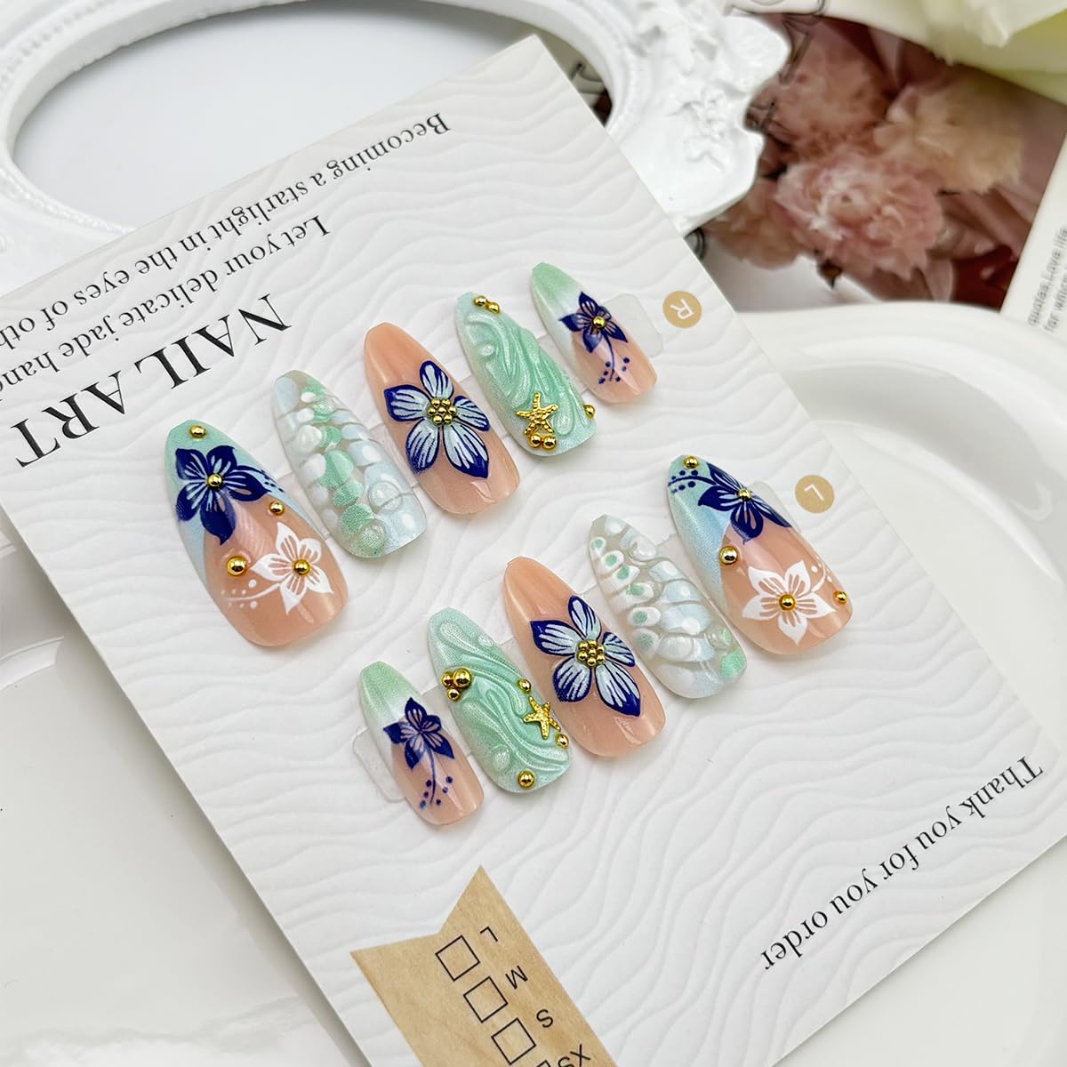 24Pcs Handmade Press on Nails Medium Almond Flower Fake Nails with 3D Gold Bead Starfish Design Spring Summer Acrylic Nails Glossy Green French Tip False Nails Blue White Floral Glue on Nail for Women