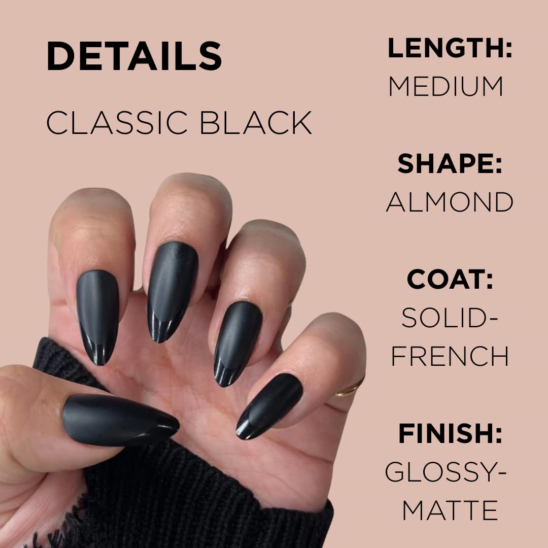 CLASSIC BLACK Press-On Nails by Lavaa Beauty | Medium Almond | Matte with Glossy Black Tip