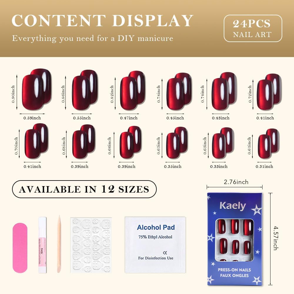 XZMeiLun Deep Red Press On Nails - Cat Eye Medium Square Magnetic Acrylic Fake Nails, Stylish Design, Salon-Quality Shiny Finish, Reusable Stick On Nails Kit for Women, Daily Wear (No Glue Included)