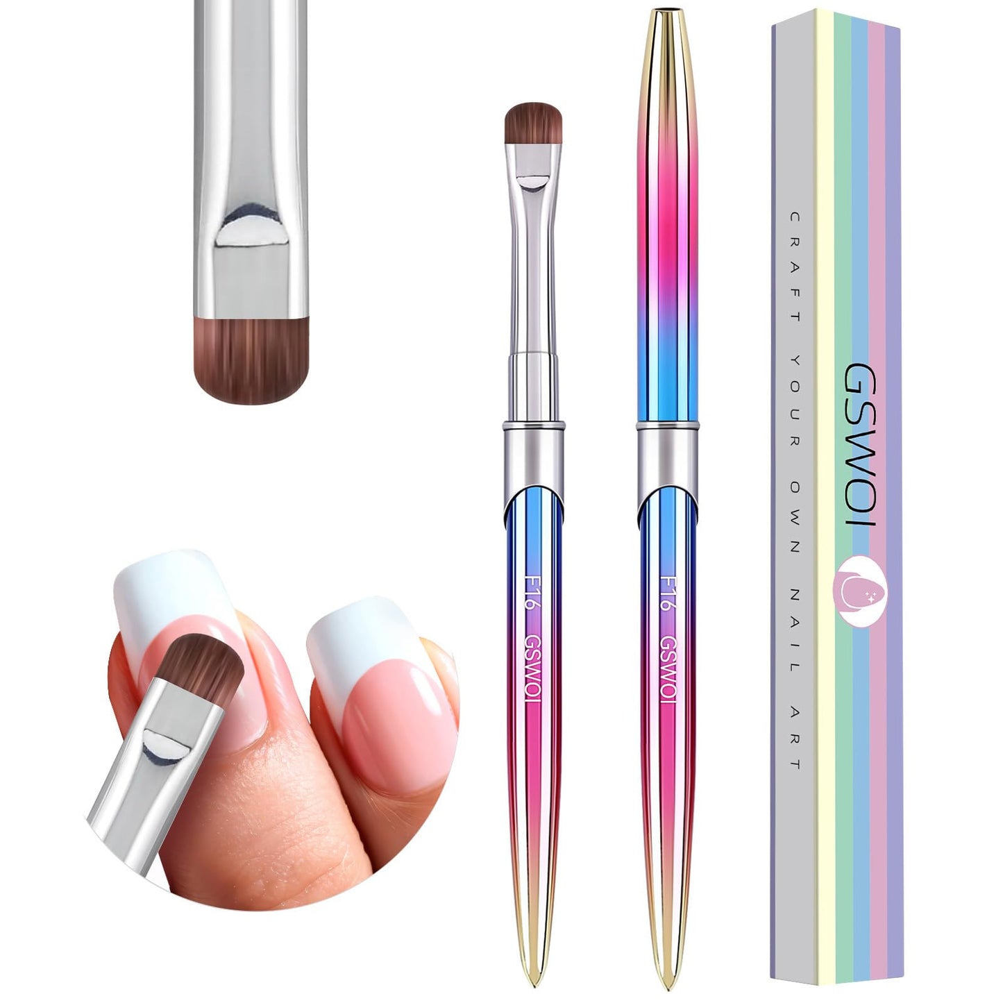 French Tip Brush & Nail Cleaning Brush for Polygel & Gel Polish – Professional Nail Art Brush with smile lines, Acrylic Detailing Tool for French Manicures, Builder Gel & Precision Nail Art (F16)