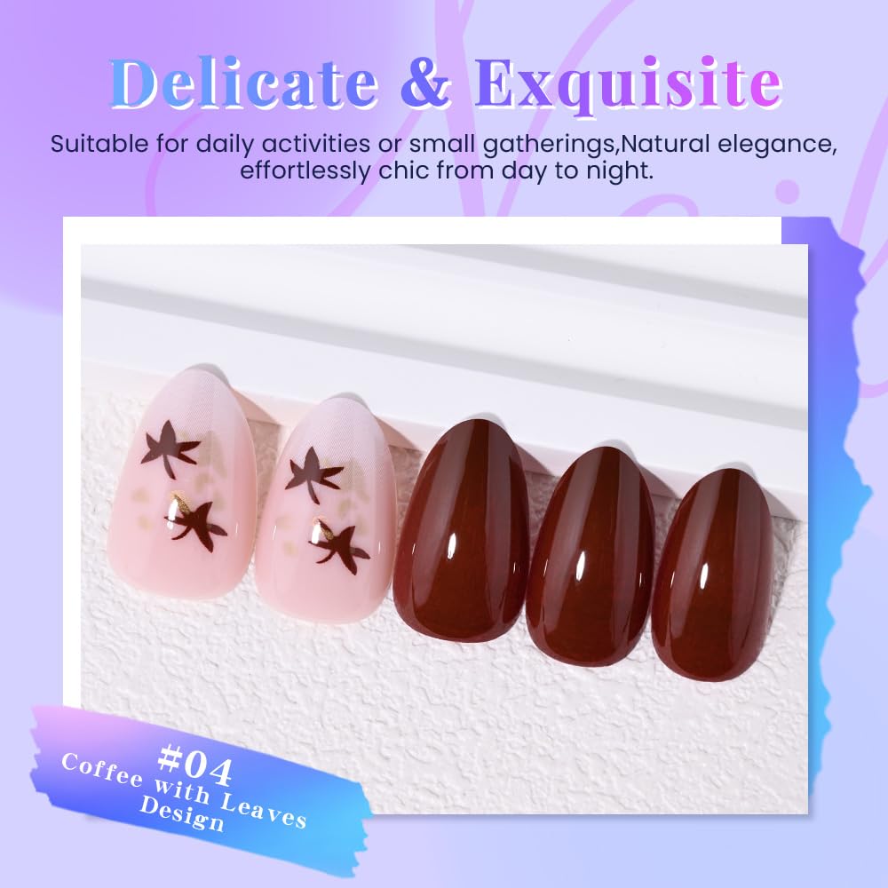evpct Coffee Brown Press on Nails Short Almond with Leaves Design, Maple Leaf Pink Stick on Nail for Women Gift with Manicure Kit, Reusable Soft Gel Stick on Fake Nail with Designs Perfectly Fit