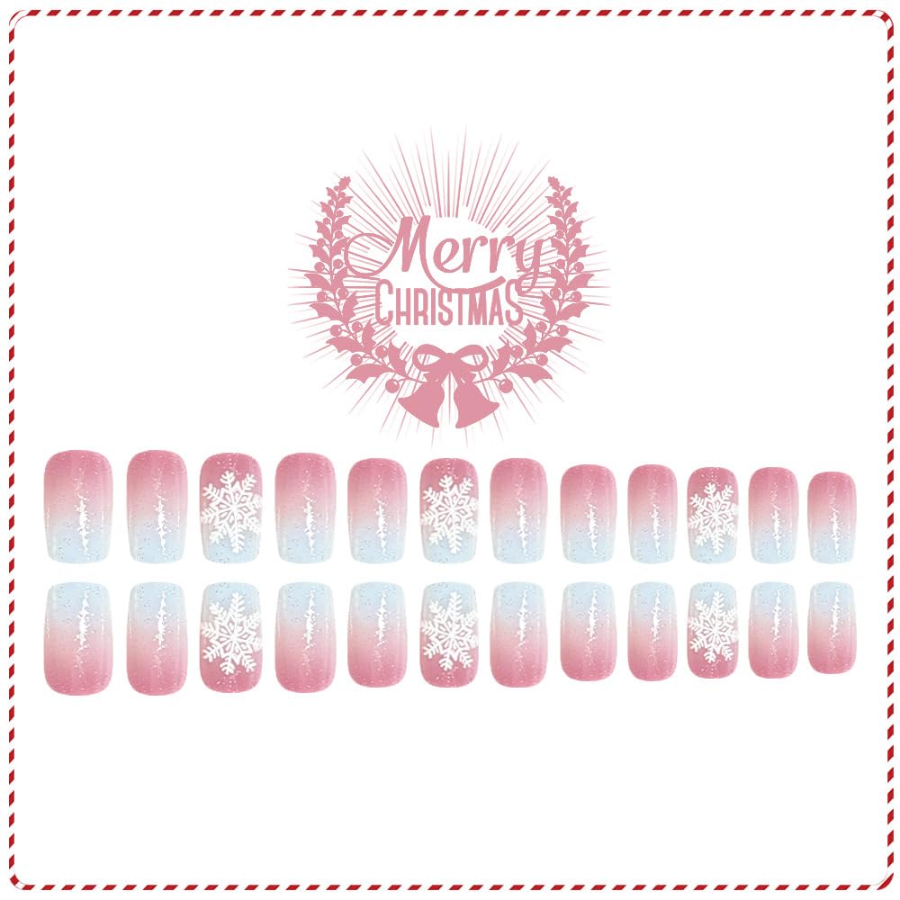 Christmas French Tip Press on Nails Square Medium Snowflake Fake Nails Winter Nude Pink Gradient Glitter False Nail Full Cover Reusable Acrylic Nails Christmas Glue on Manicure for Women 24Pcs