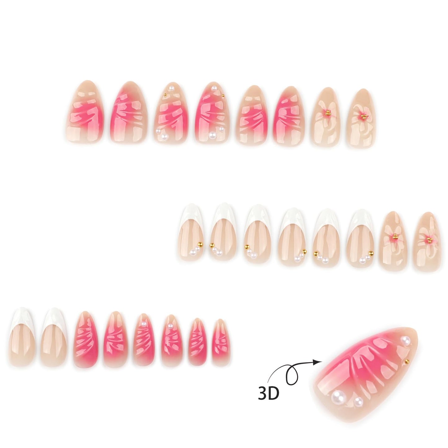 3D Pink French Press on Nails with Charms Medium Fake Nails Cute French Nails Press ons Gold Steel Balls Carved Ripple Flower Stick on Nails Almond Shape Acrylic Nails Pearl Nails for Women Daily Wear