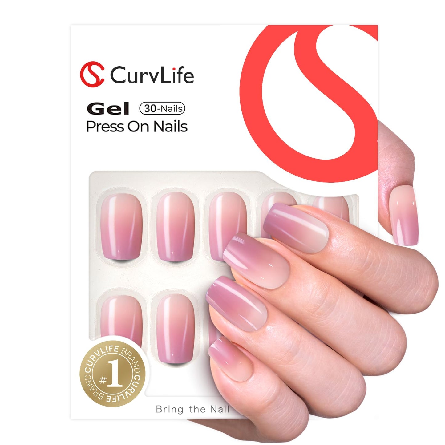 CurvLife Press on Nails Gradient Pink Purple Short Square Acrylic Fake Nails with Apricot Design Full Cover False Nails Glossy Nude Glue on Nails Artificial for Women