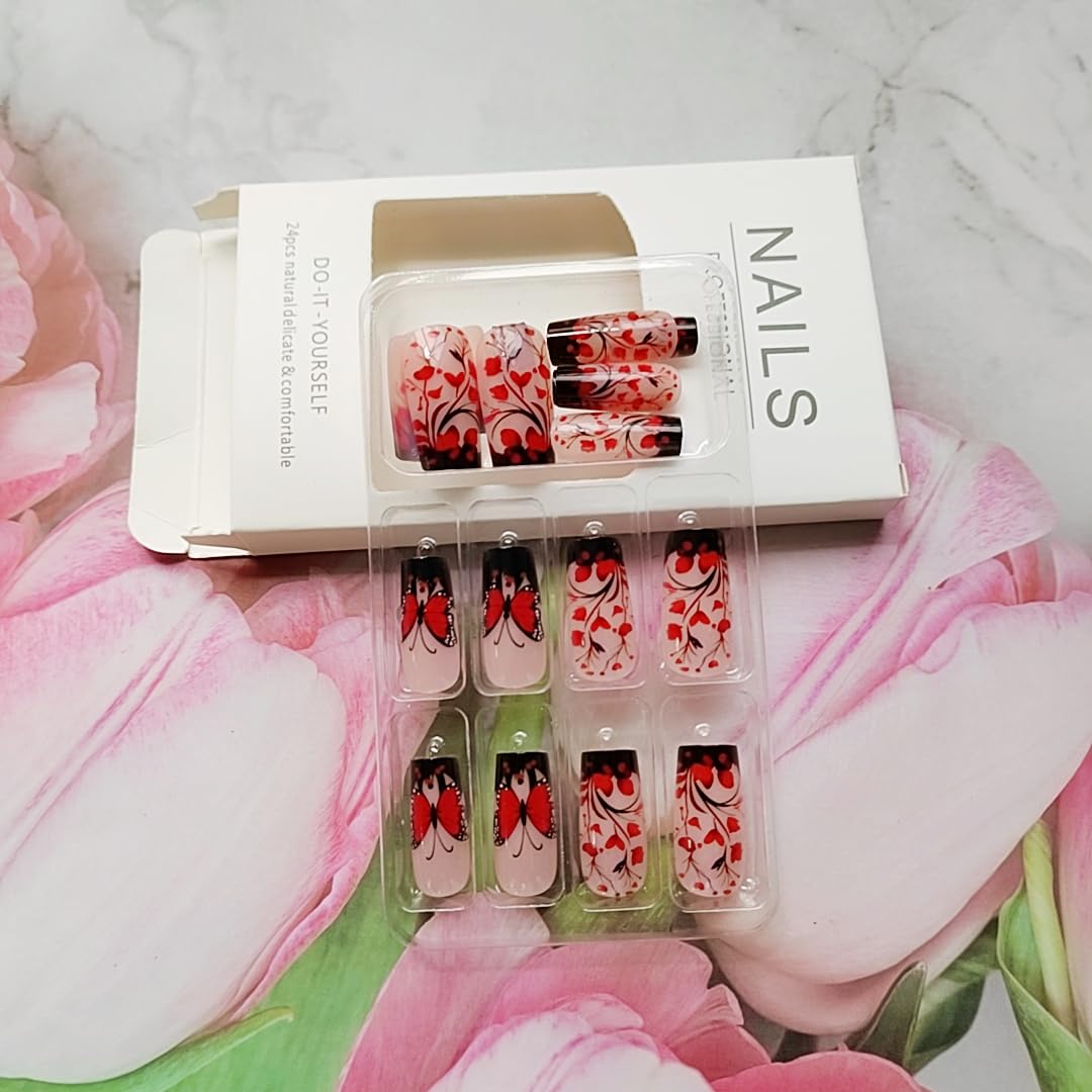 CEWEWP Medium Press on Nails Square Red Butterfly Flowers Fake Nails with Design Black French Nails Press ons Nude Acrylic False Nail Reusable Nail Tips Kit Full Cover Stick on Nails for Women 24Pcs