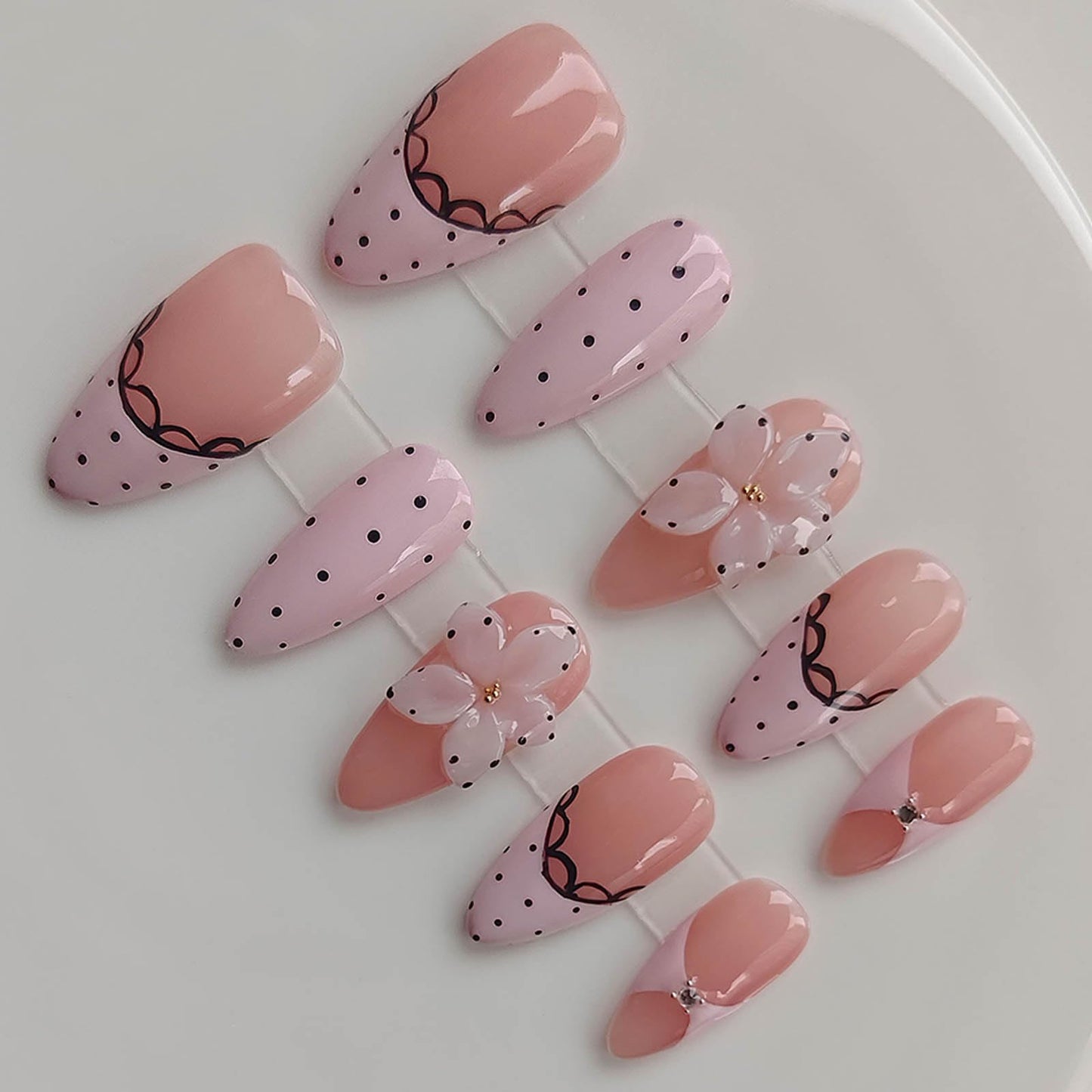 Gleamrain Glam Almond Medium Handmade Press on Nails Cute for Women, Gleamrain Handcrafted Floral and Polka Dots Design Reusable Full Cover Fake Nail Pink for Daily Wear Party Birthday D322
