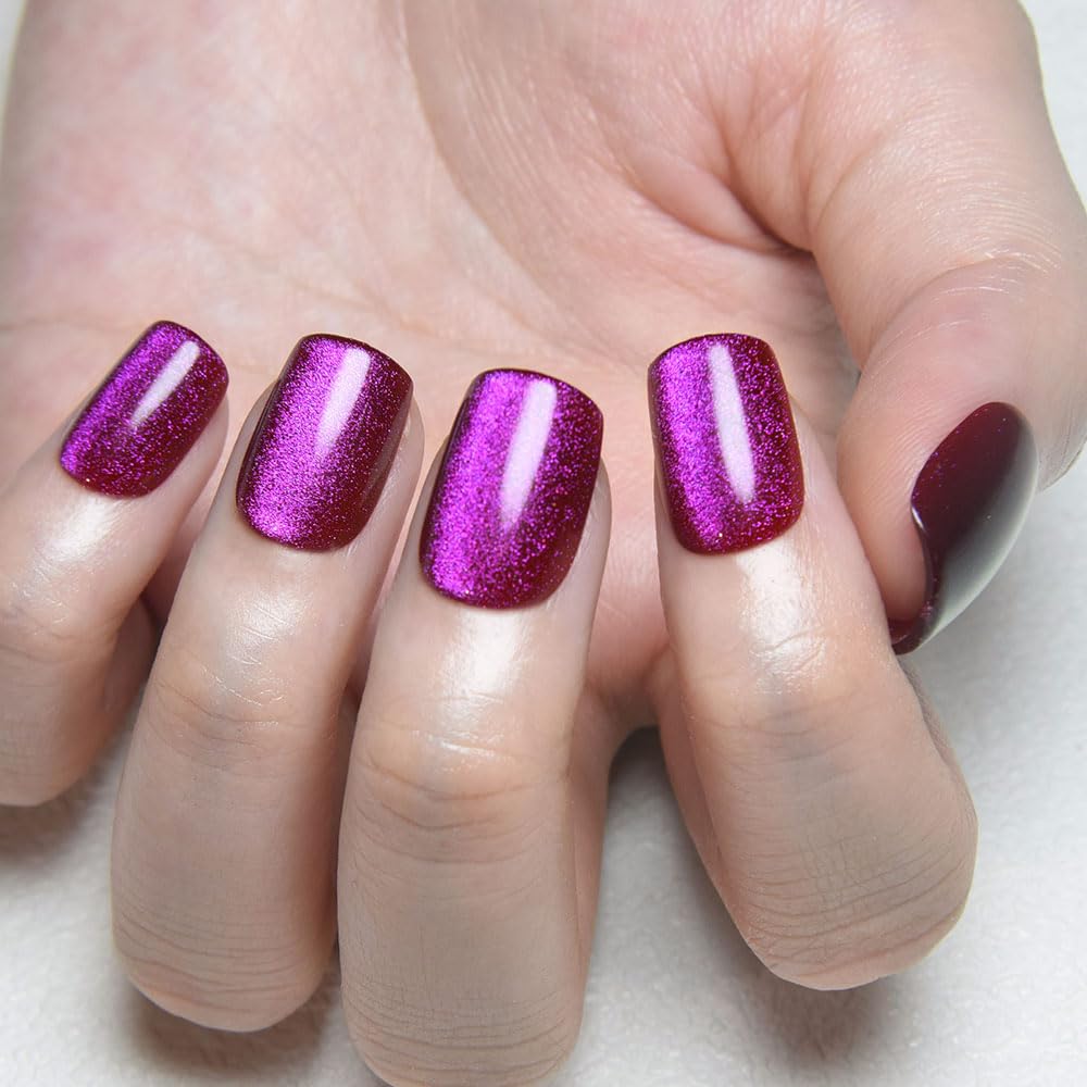 evpct Purple Pink Cat Eye Extra Short Square Press on Nail, Petite Short Square Stick on Nails for Women, Purple Pink Glossy Holographic Fake Nails Reusable Gel Press on Acrylic Fake Nail with Designs