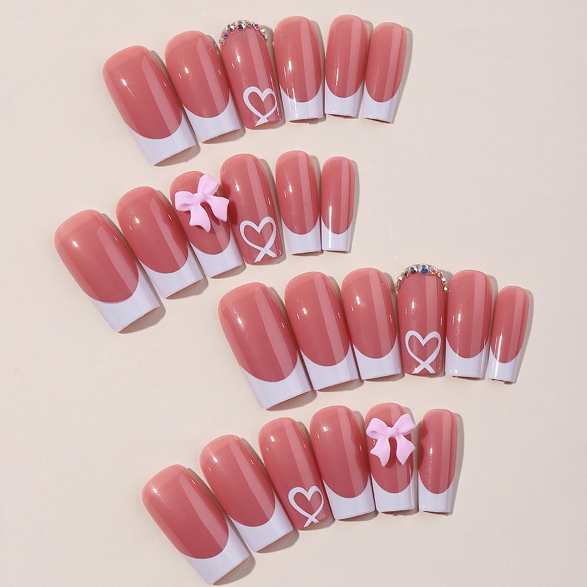 YKZFUI French Tip Press on Nails with Charms, Medium, Cute Bow, Long Square Shape, Acrylic Fake Stick On Nails with Heart and Rhinestones for Women Daily Wear, White