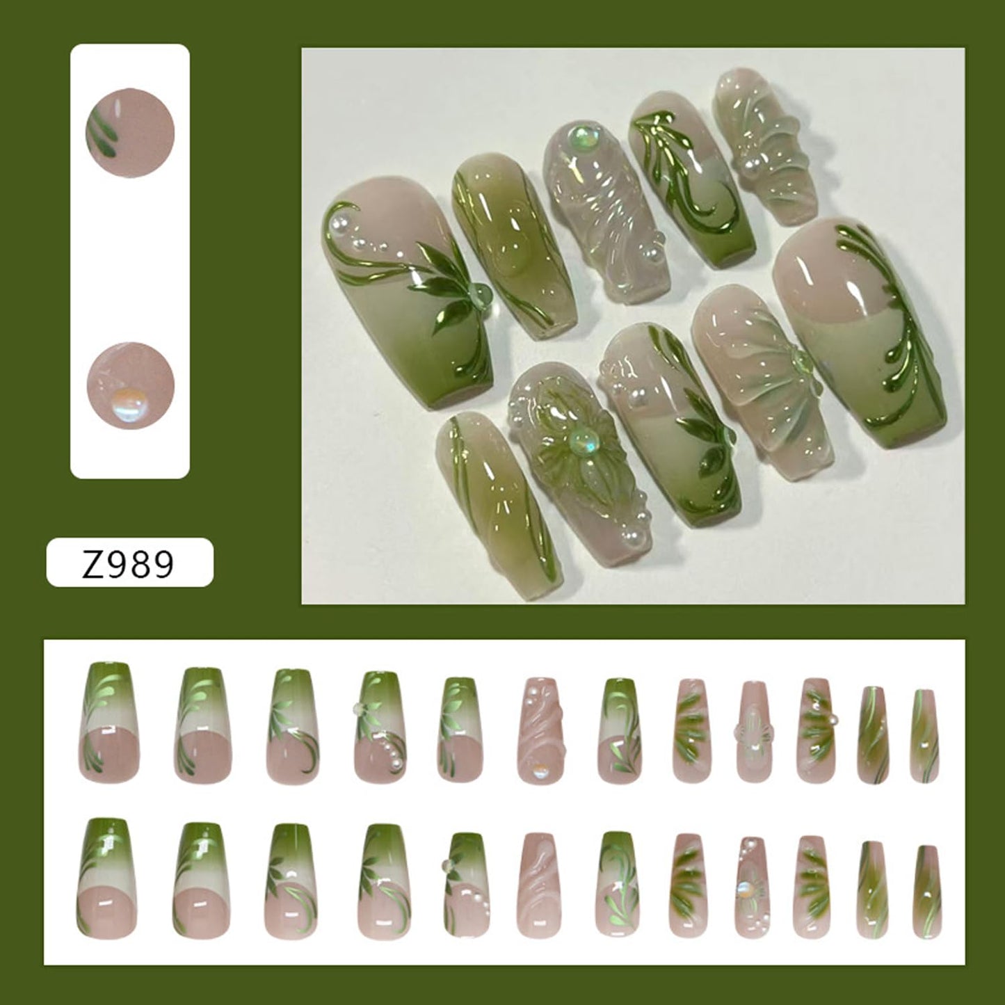 24Pcs Green French Press on Nails with 3D Vine Gradient Pearl Design False Nails French Nails Tips Leaves Floral Press on Handmade Full Cover Glossy Reusable DIY Nails for Women&Girl