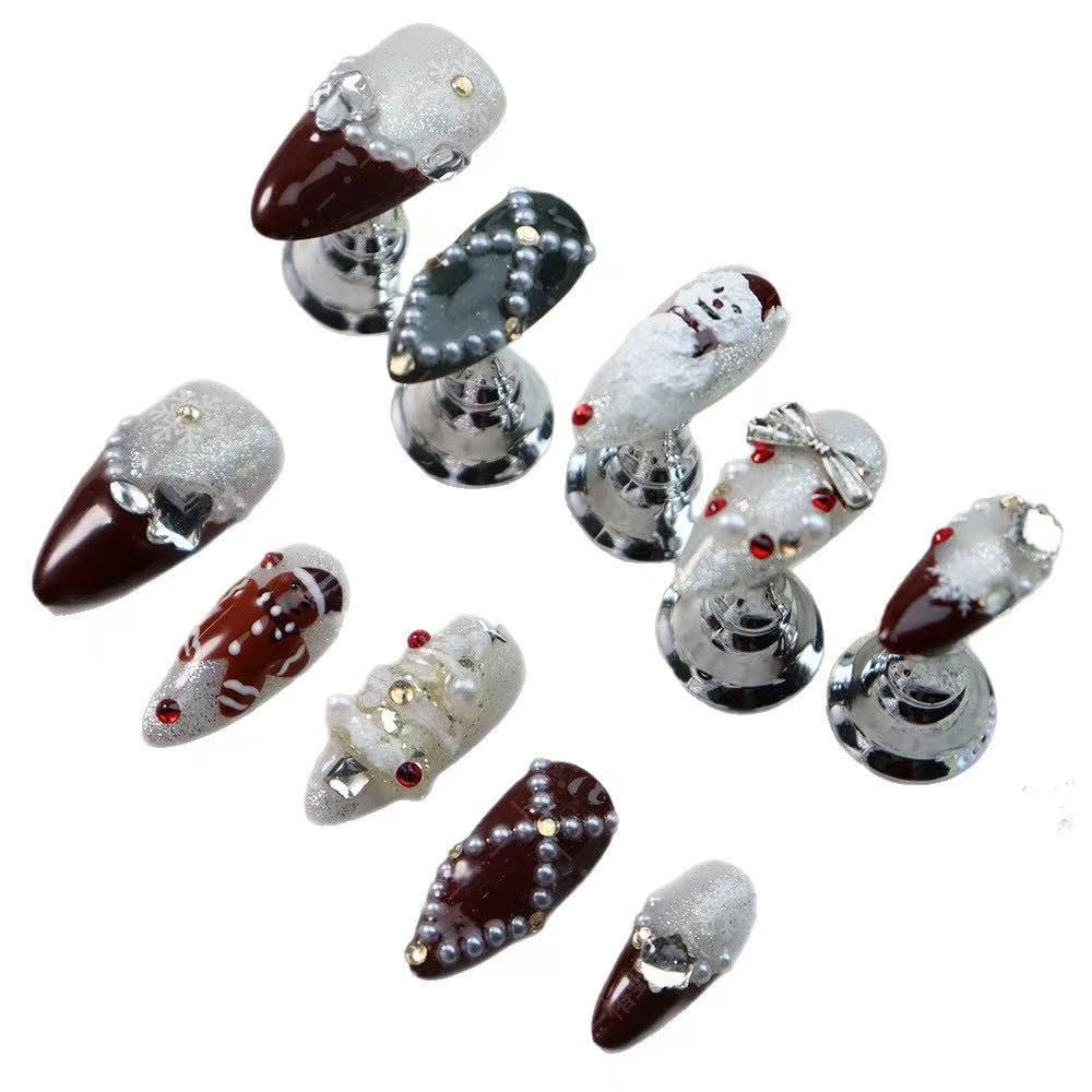 100% Handmade Press on Nails Christmas Press on Nails Medium Almond Shape Dark Red French Tips Snowman Design Rhinestones Christmas Tree Gingerbread Man Wintner Xmas Nails for Women Size L