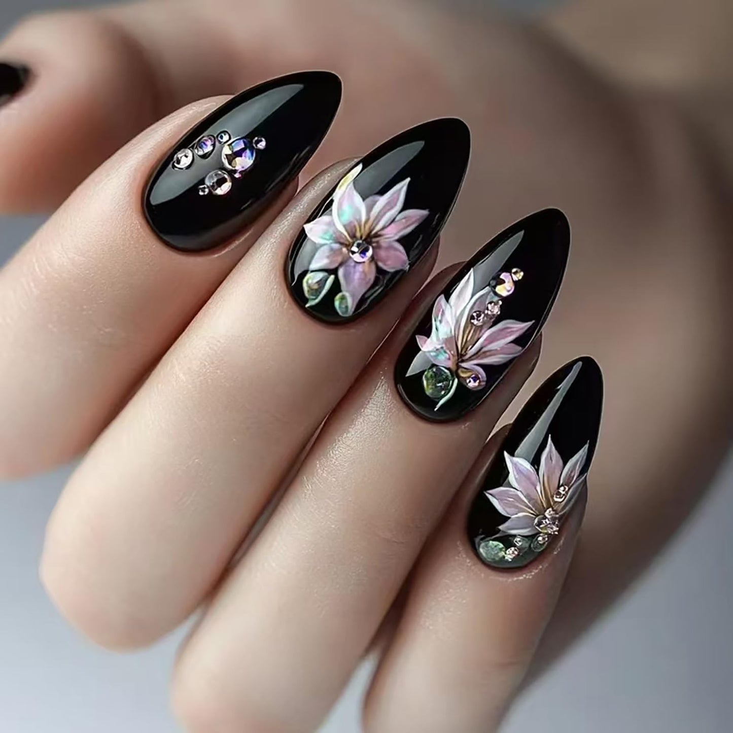 TBRZTR 24Pcs Black Press on Nails Almond Shaped Medium Flower with Rhinestones Design Full Cover Glossy Almond Fake Nail Reusable Artificial Stick on Nail Acrylic Press Ons Glue on Nail for Women