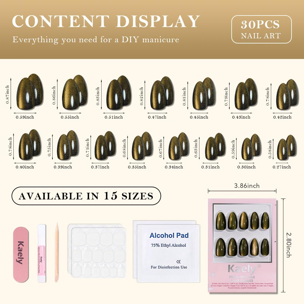 evpct Cat Eye Gold Press on Nails Almond Short, Gold Metal Short Almond Soft Gel Press on Nails with Nail Kit, Fit Perfectly, 30Pcs Reusable Acrylic Fake Press-on Nail Polish Kit for Women Gift
