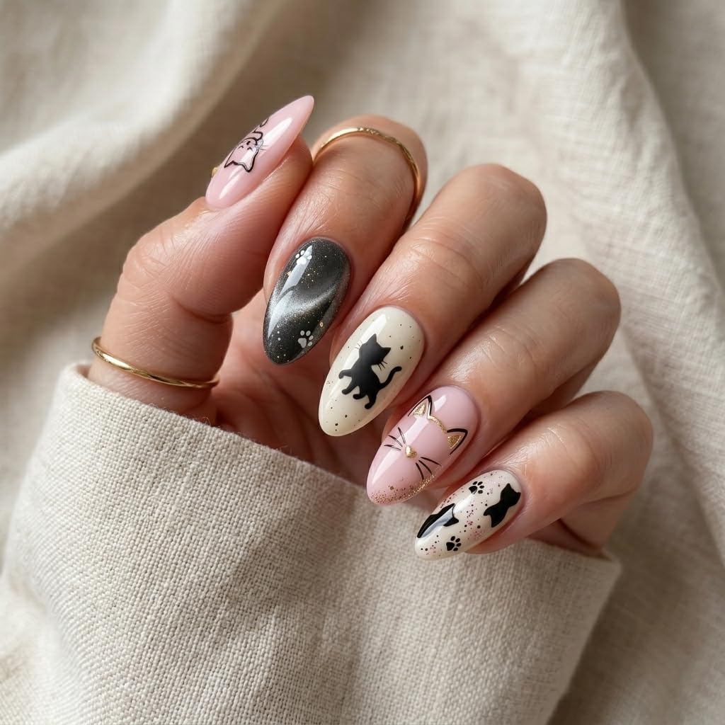 Press On Nails Almond Medium, Handmade Pink Black Cream Acrylic Fake Nails, Cute Cat Paw Print Girly Design, Reusable Glossy, Custom Made to Order