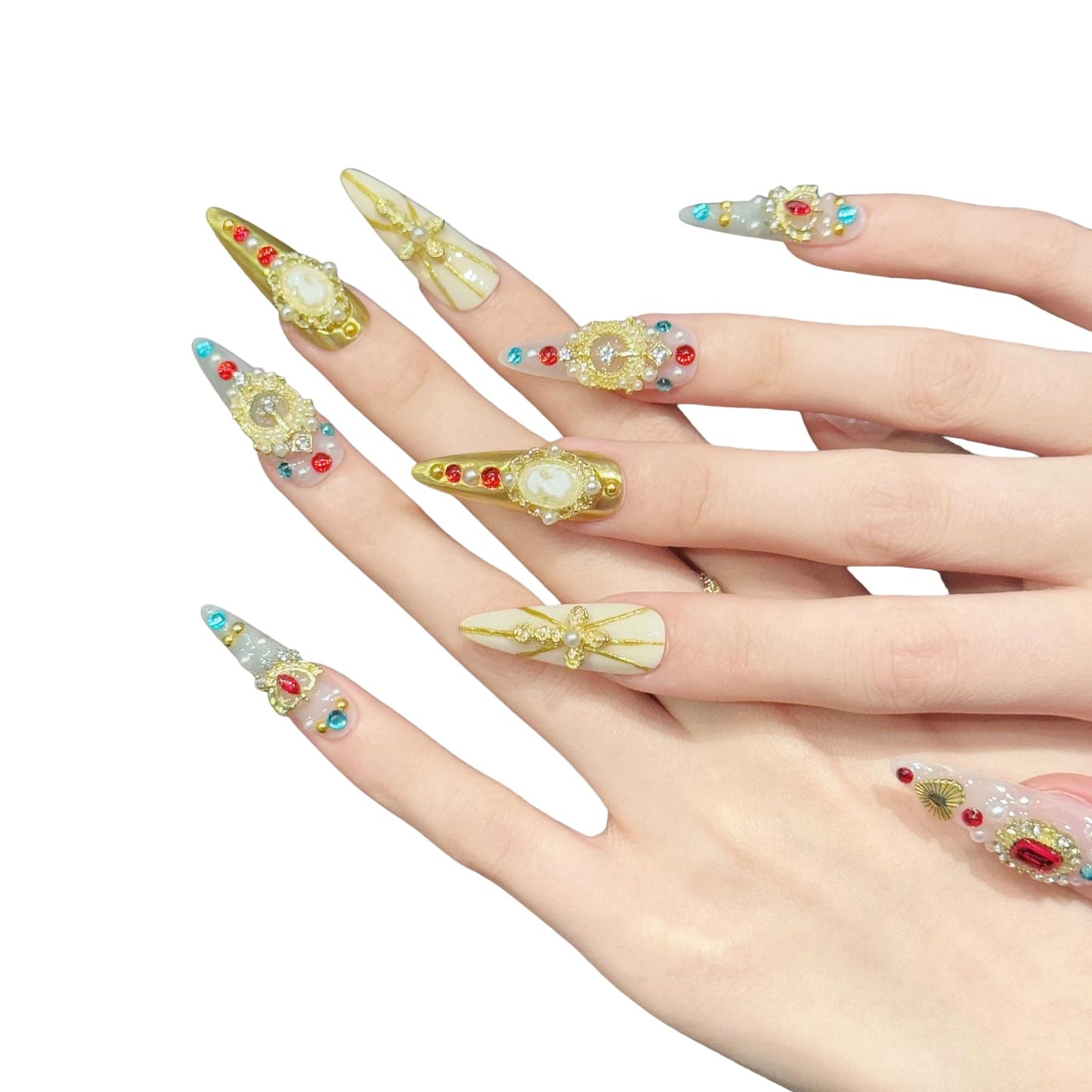Tesytto Handmade Press on Nails Coffin Shape Glossy Reusable False Nails for Nail Art (Golden Thread Beauty, M)
