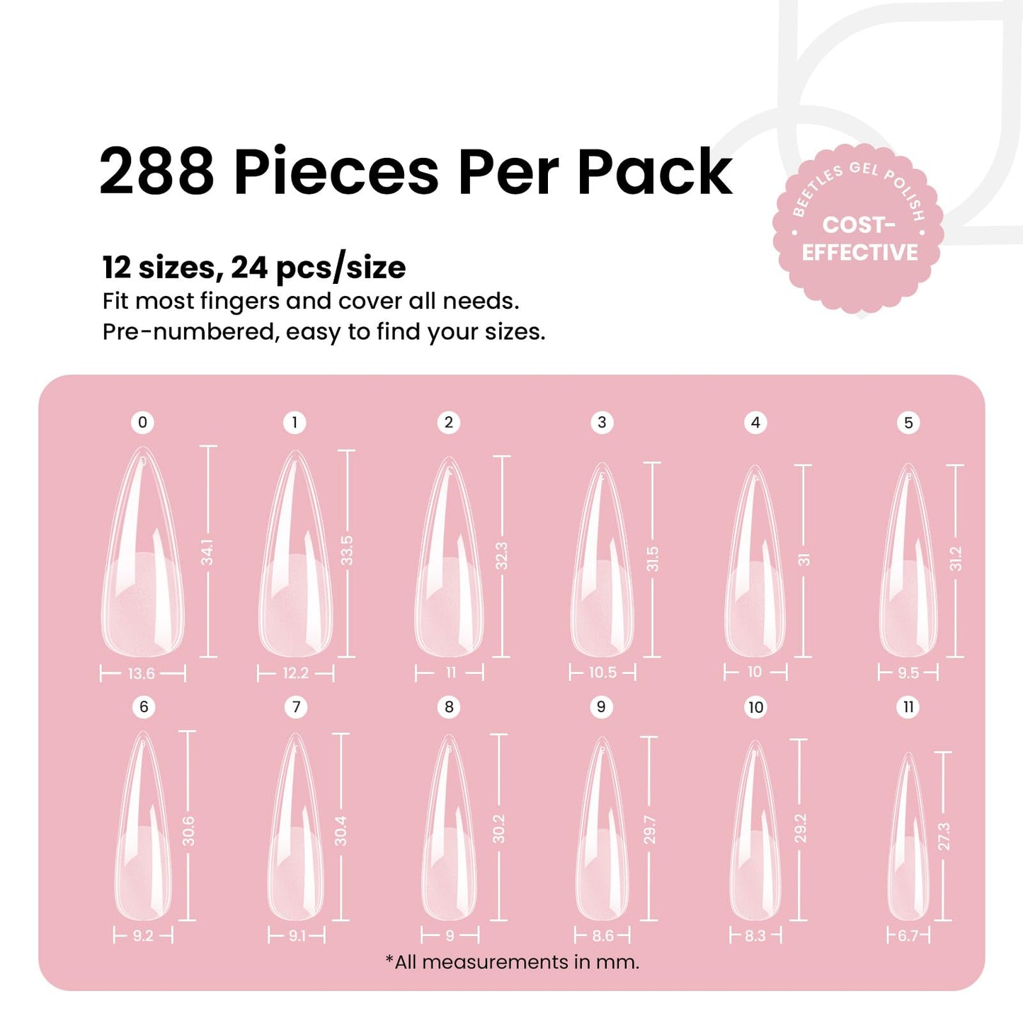 Beetles Gel Nail Tips Etch-X, Stiletto Medium, 288Pcs 12 Sizes, Pre-Etched Half Matte Full Cover Soft Acrylic False Nail Tips Pre-Shaped Easy DIY Fake Nail Extension Salon Gift for Women