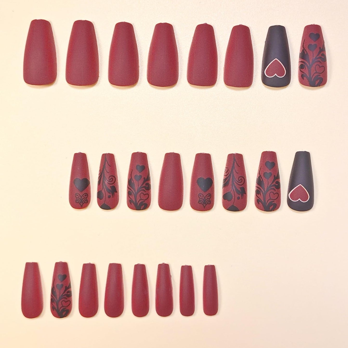 Flower Valentines Press on Nails Medium Ballet Artificial Acrylic Fake Nails Black Floral Red Love Design Heart Stick on Nail Full Cover Glossy Artificial Fingernails for Women Festival Manicure