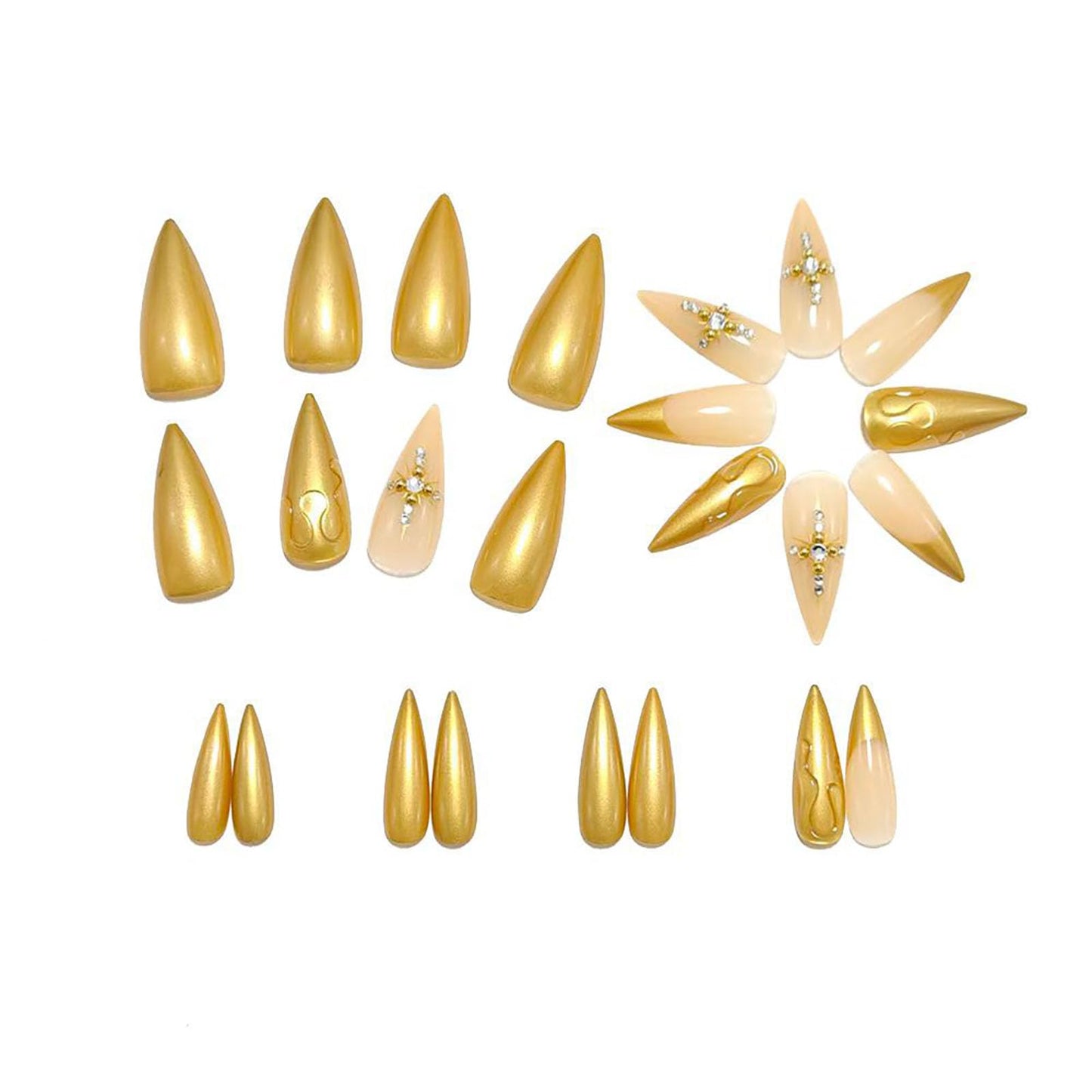RUOKEXIN Long Stiletto Press on Nails French Tip Fake Nails Gold False Nails with Rhinestones Designs Almond Nail Press ons Sparkly Artificial Nails for Women 24Pcs