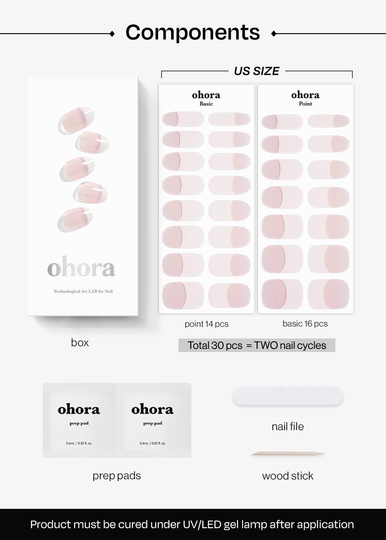 ohora Semi Cured Gel Nail Strips (N Essential French) - White, French, Works with Any UV/LED Lamps, Salon-Quality, Long Lasting, Easy to Apply & Remove - Includes 2 Prep Pads, Nail File & Wooden Stick