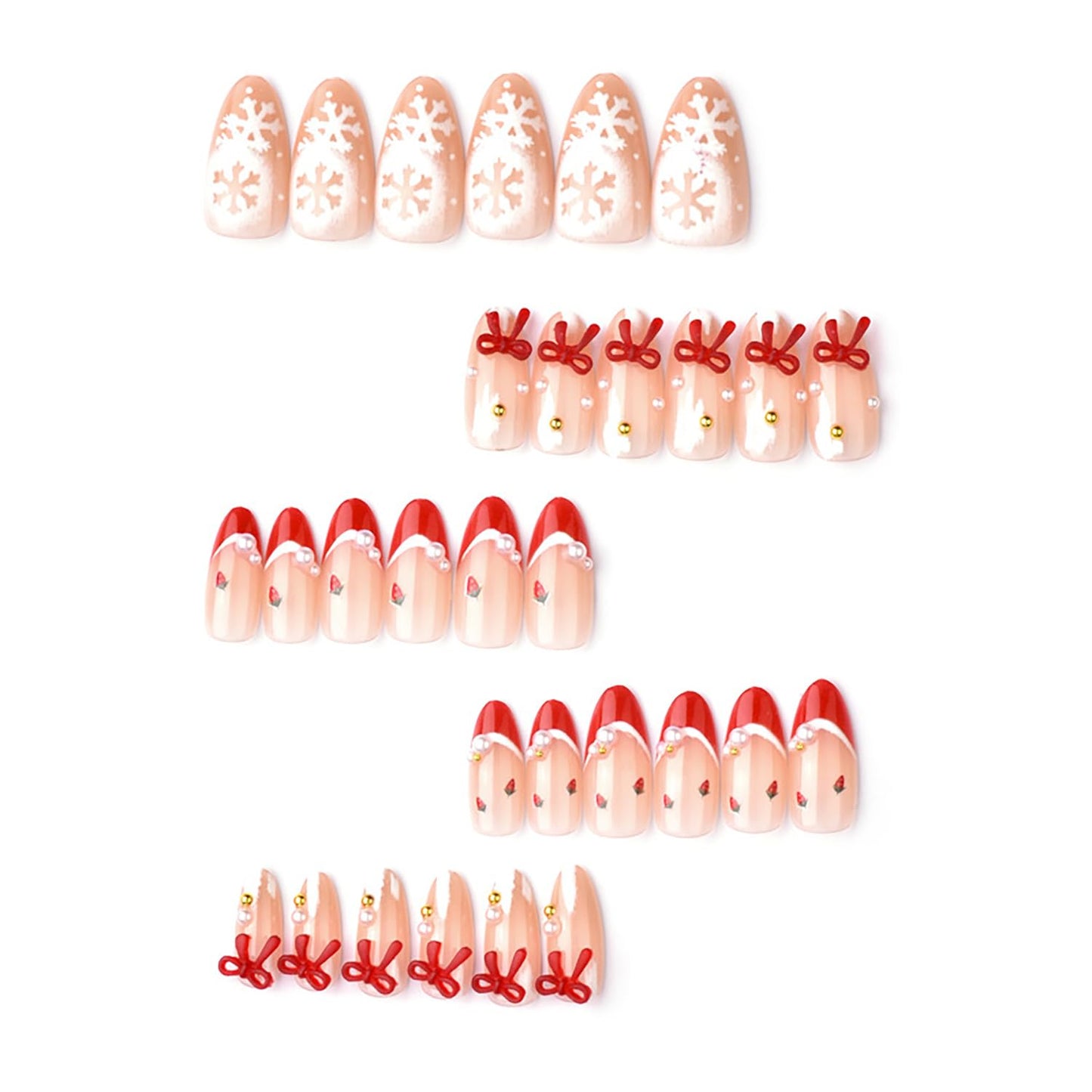 30pcs Christmas Press on Nails Medium Almond French Tip Fake Nails Winter Snowflake Full Cover False Nails with 3d Bow Rhinestones Designs Glue on Nails Valentine Nude Glossy Acrylic Nail for Women
