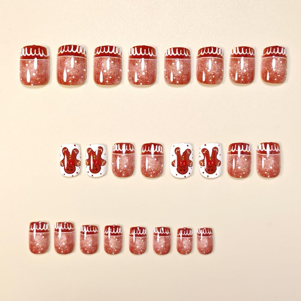 Christmas Gingerbread Man Nails Short Press on Nails Brown Winter Fake Nails Xmas Full Cover Glue on Nail Snow House Square False Nail for Women Christmas Reusable Acrylic Nail 24Pcs