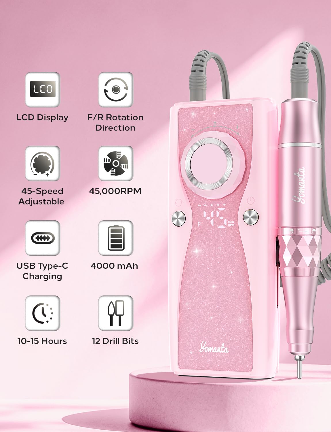 Electric Nail Drill Professional Kit: 45,000 RPM USB Rechargeable Efile Nail Drill Nail File with 12 Bits for Polishing Gel/Acrylic Nails- Portable Manicure Tool Set for Salon/Home-Pink