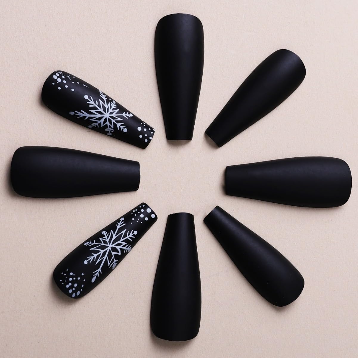 Christmas Press on Nails Long - Coffin Fake Nails with Snowflake Stripes Design - Black Full Cover Stick on False Nails -for Women 24 Pcs